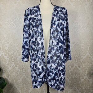 Reitmans Size L Blue White Palm Tree Kimono Swim Cover Up Open Front 3/4 Sleeve